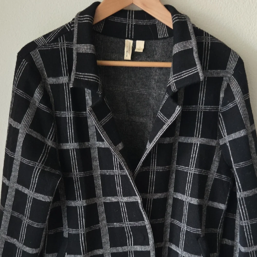 Moth by Anthropologie Knit Sweater Blazer Windowpane Checkered Black Gray Sz L